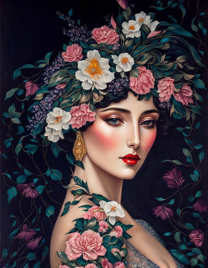 Illustration of woman with white and pink floral headdress on dark background