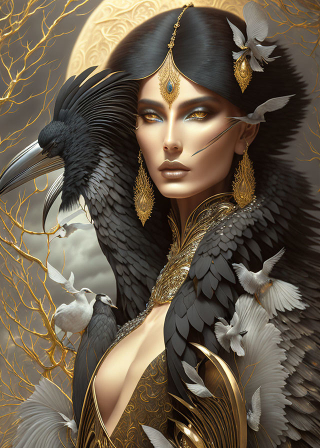 Elegant woman in black and gold feathered attire with crow and jewelry