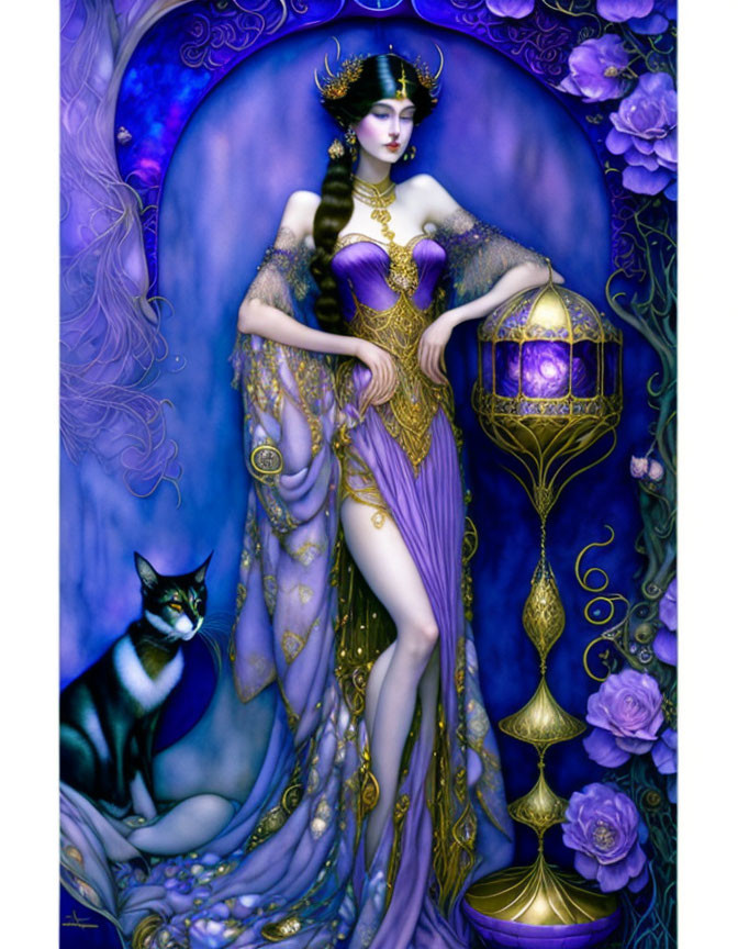 Illustration of woman in purple and gold attire with lantern, black cat, roses.