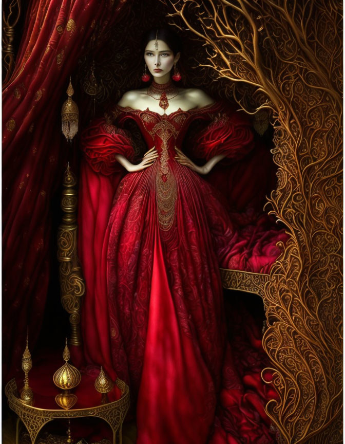 Luxurious red gown with gold embroidery on elegant woman amidst opulent setting