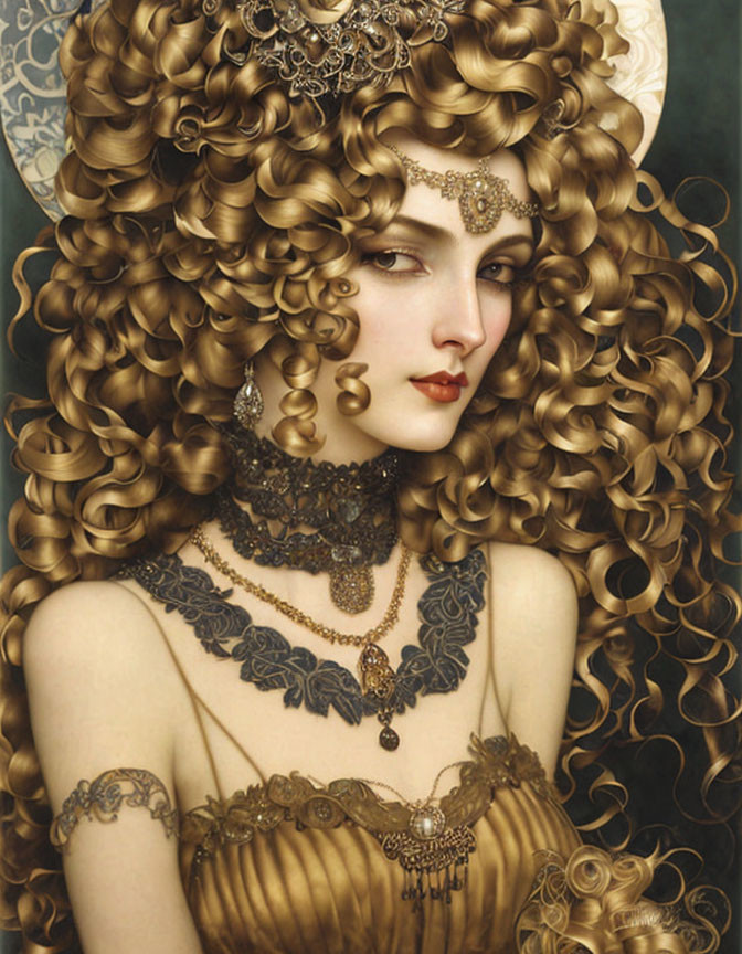 Curly golden-haired woman in gold dress and jewelry gazes sideways