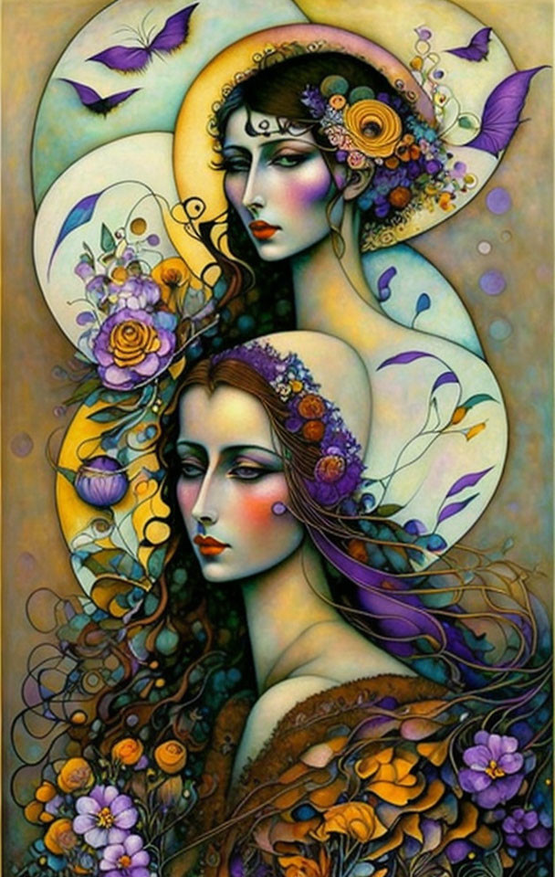 Stylized woman with floral and moon motifs in purple and gold - Art Nouveau influence