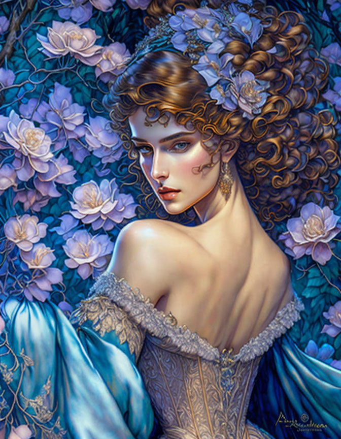 Fantasy illustration of woman with curly hair, flowers, blue gown, and purple backdrop