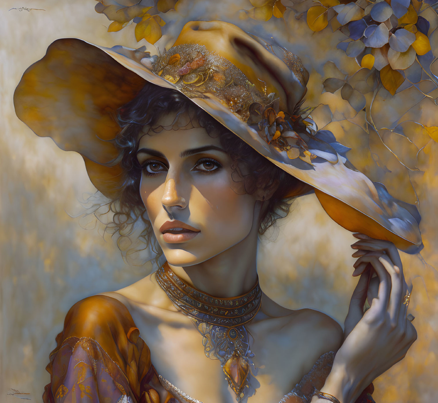 Portrait of woman with curly hair in wide-brimmed hat and amber attire against autumn leaves