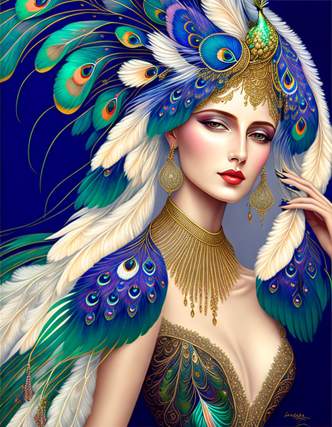 Woman wearing peacock feather headdress and jewelry on blue background.