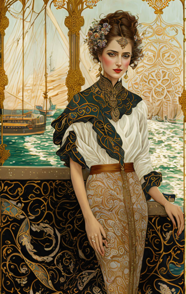 Woman in ornate vintage clothing on ship with detailed patterns and ocean scenery