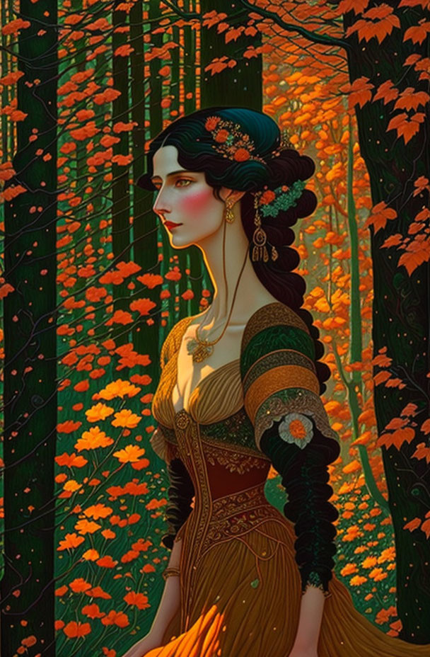 Illustrated woman in elegant dress in autumn forest scene