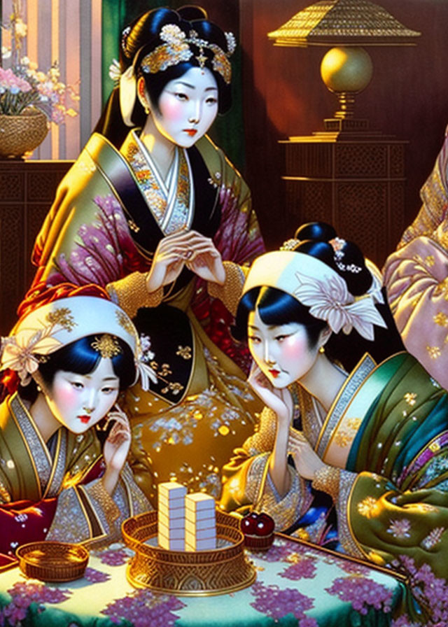 Three Women Playing Game in Traditional Asian Attire