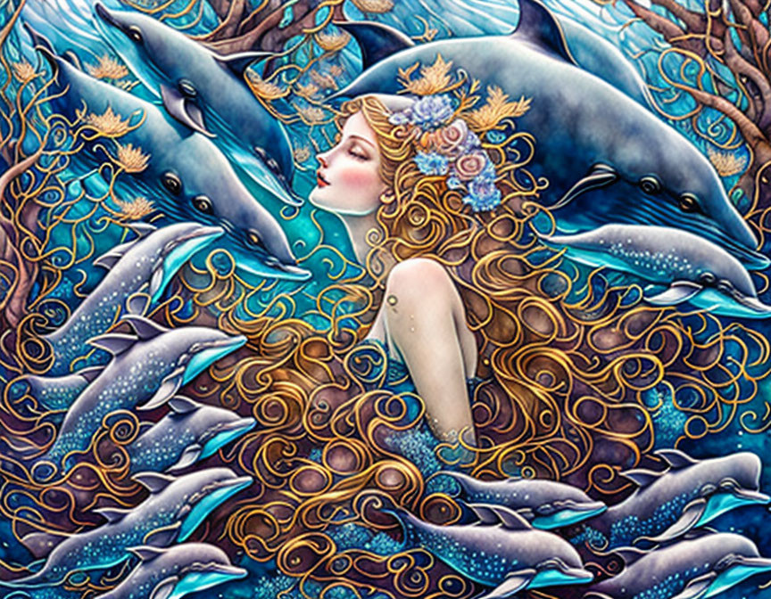 Surreal illustration: Woman fused with ocean motifs, stylized waves, and dolphins