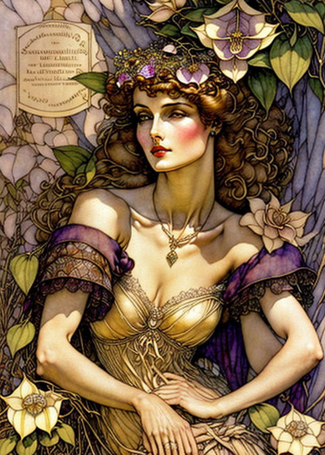 Illustration of woman in floral crown and purple garb, surrounded by Art Nouveau flowers.