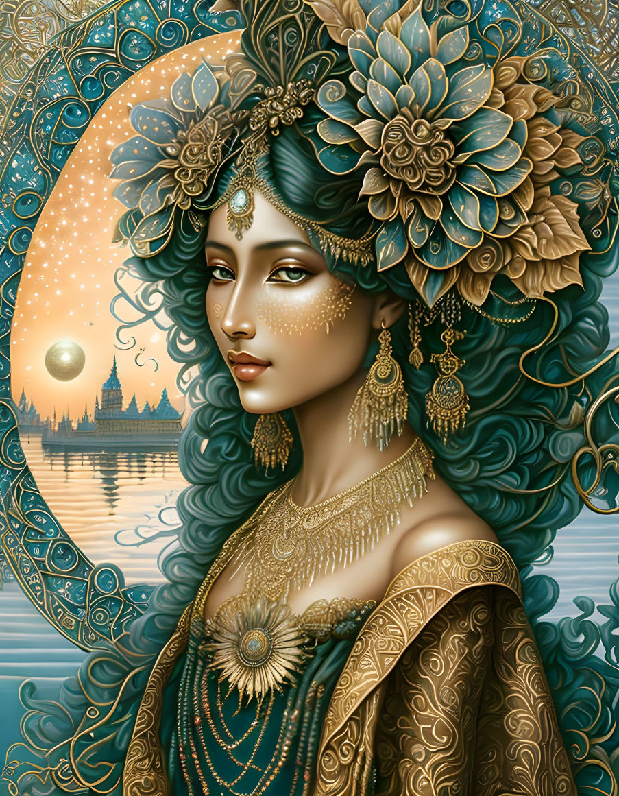 Intricate golden headpieces and jewelry on woman in floral palace setting