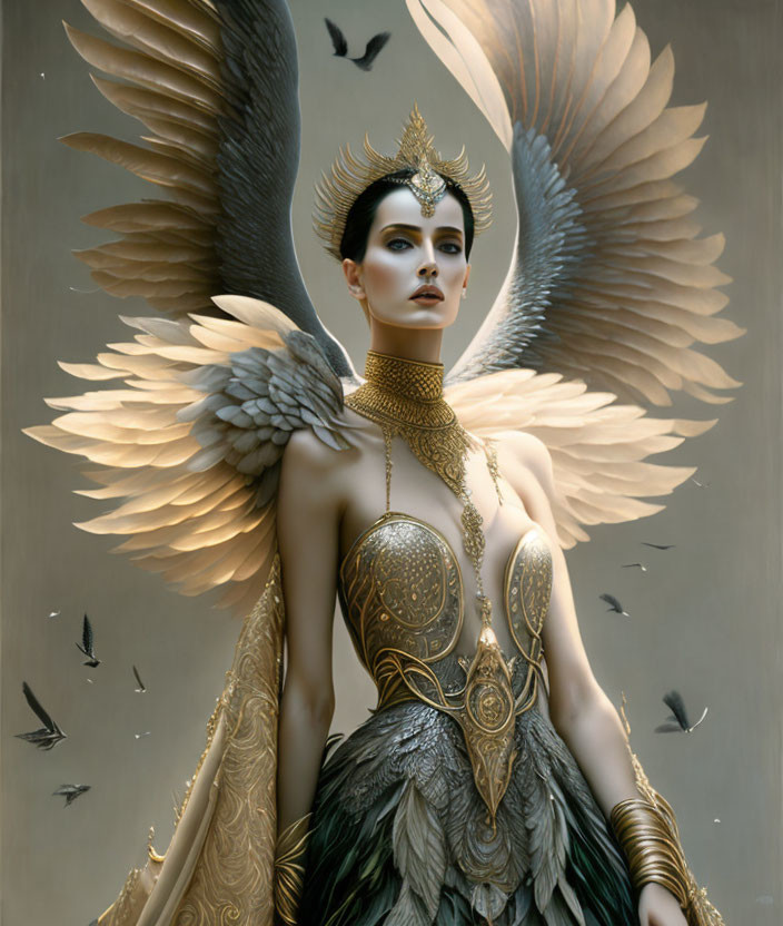 Mythical figure with feathered wings and golden attire.