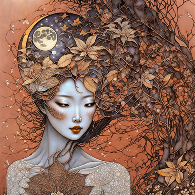 Illustration of pale-skinned woman with red lips surrounded by autumn leaves and branches under a full moon