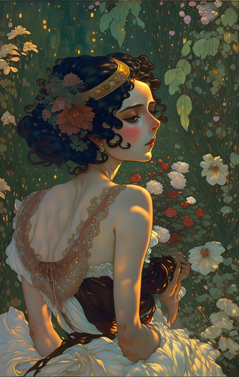 Illustrated woman with intricate hair accessories in lace gown among lush flowers at twilight