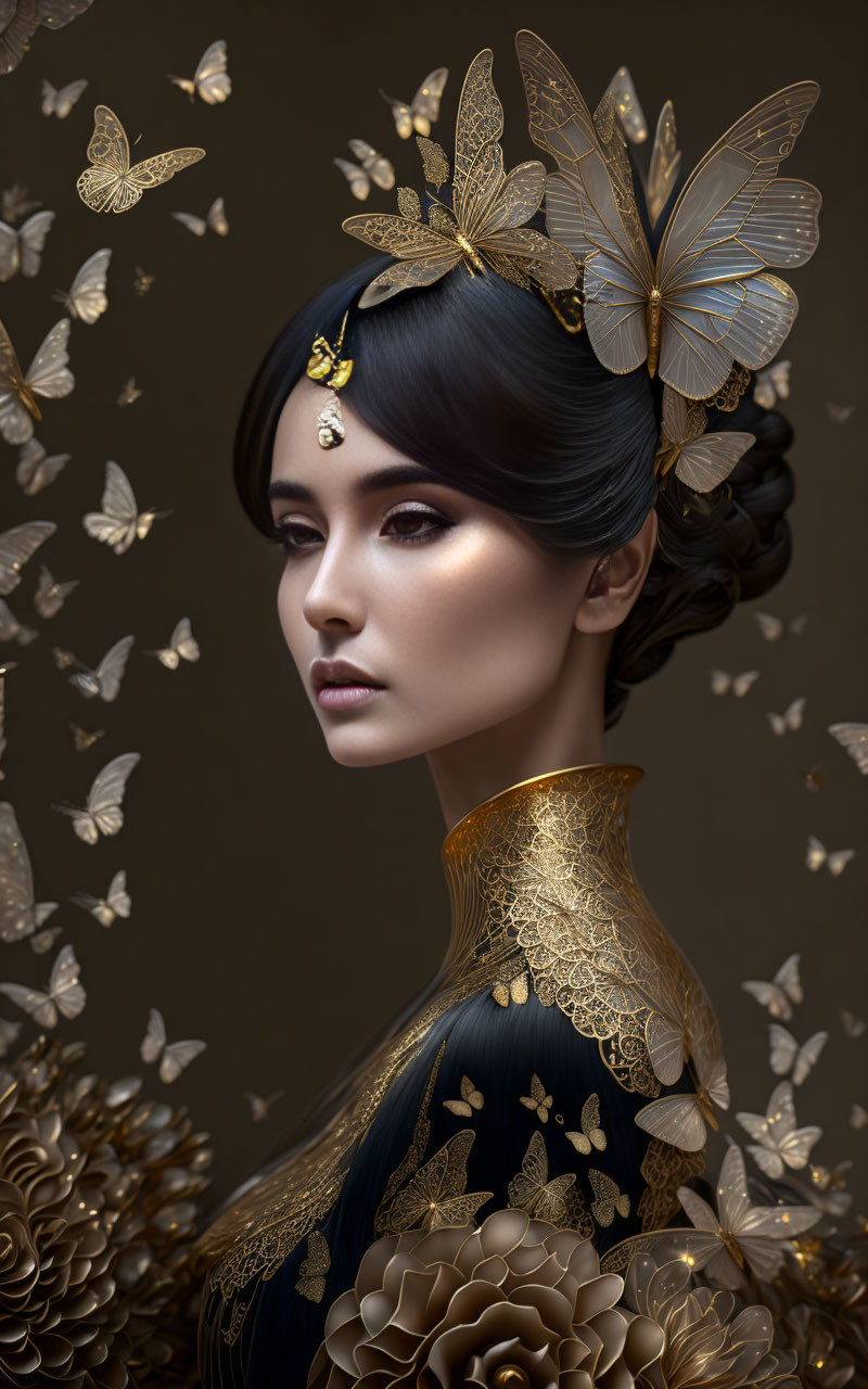 Sophisticated woman with golden butterfly hairstyle and accessories in floral backdrop