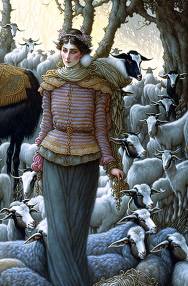 Historical attire woman with sheep in wintry forest landscape