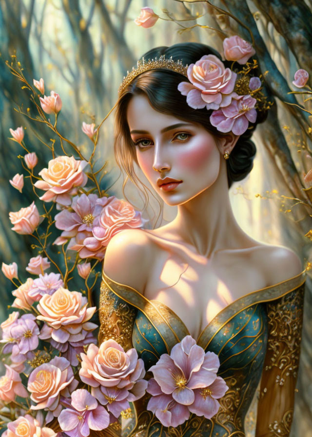 Illustrated Woman with Floral Crown and Dress Among Pink Roses