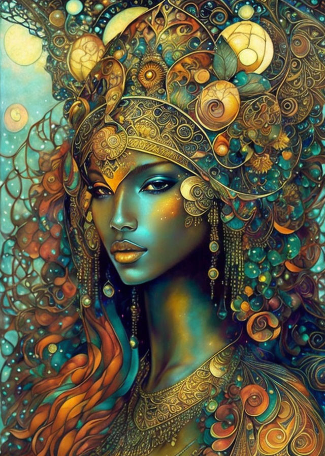 Fantasy Artwork: Woman with Blue Skin and Celestial Motifs