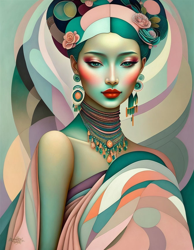 Stylized woman with elegant jewelry in soft pastel textiles