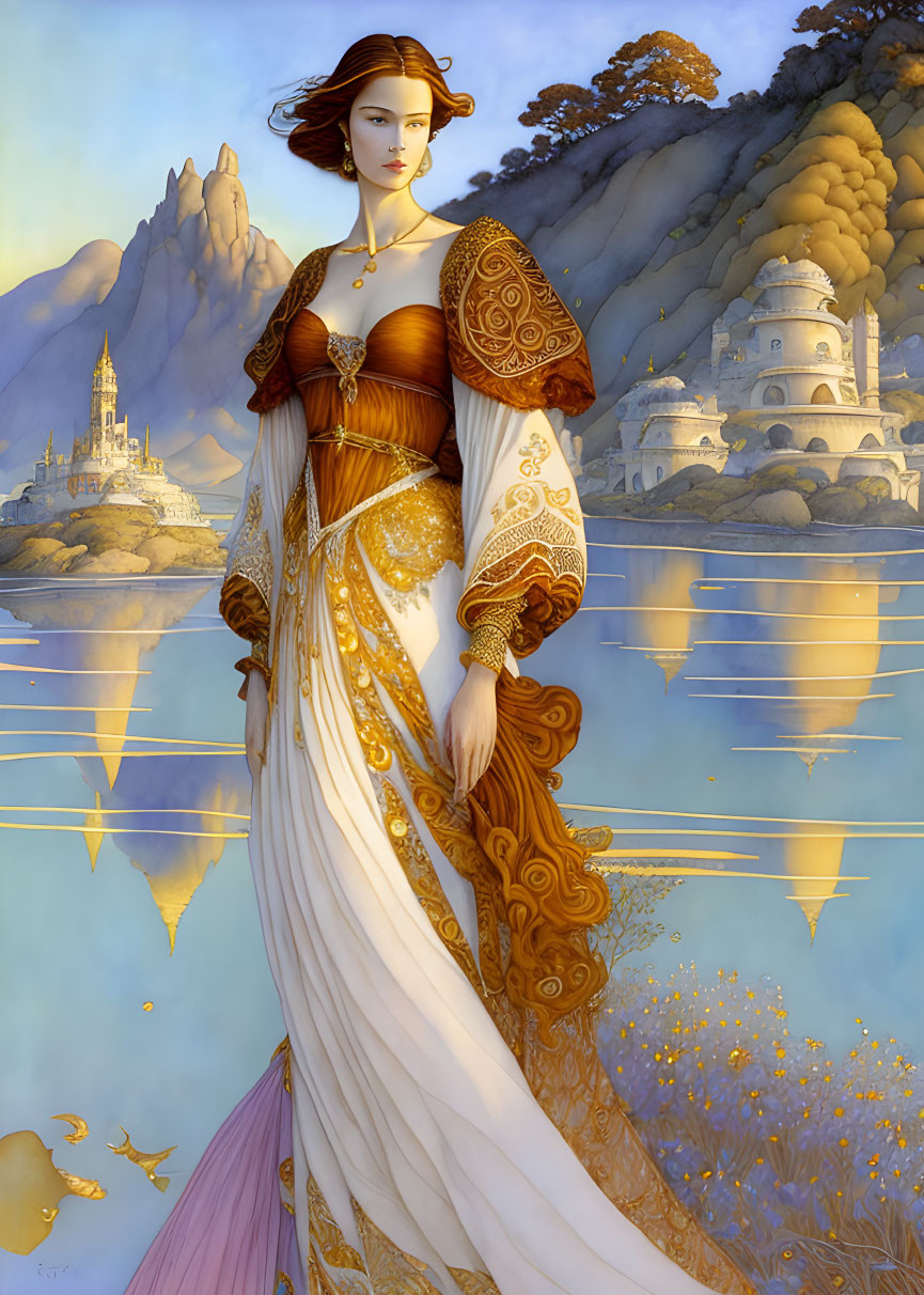 Regal woman in historical garb in fantasy landscape