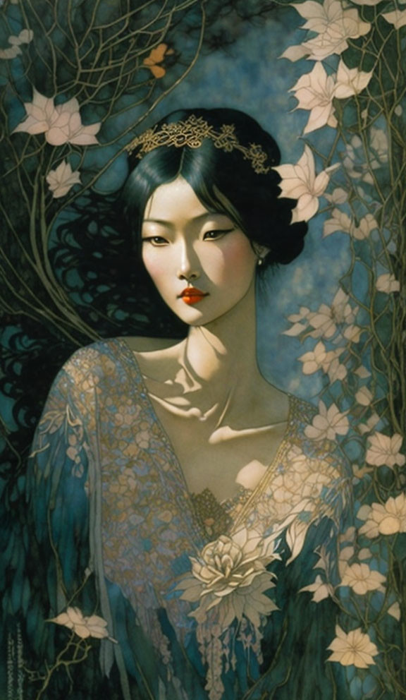 Illustrated portrait of woman in blue lace dress with crown, amid dark leaves.