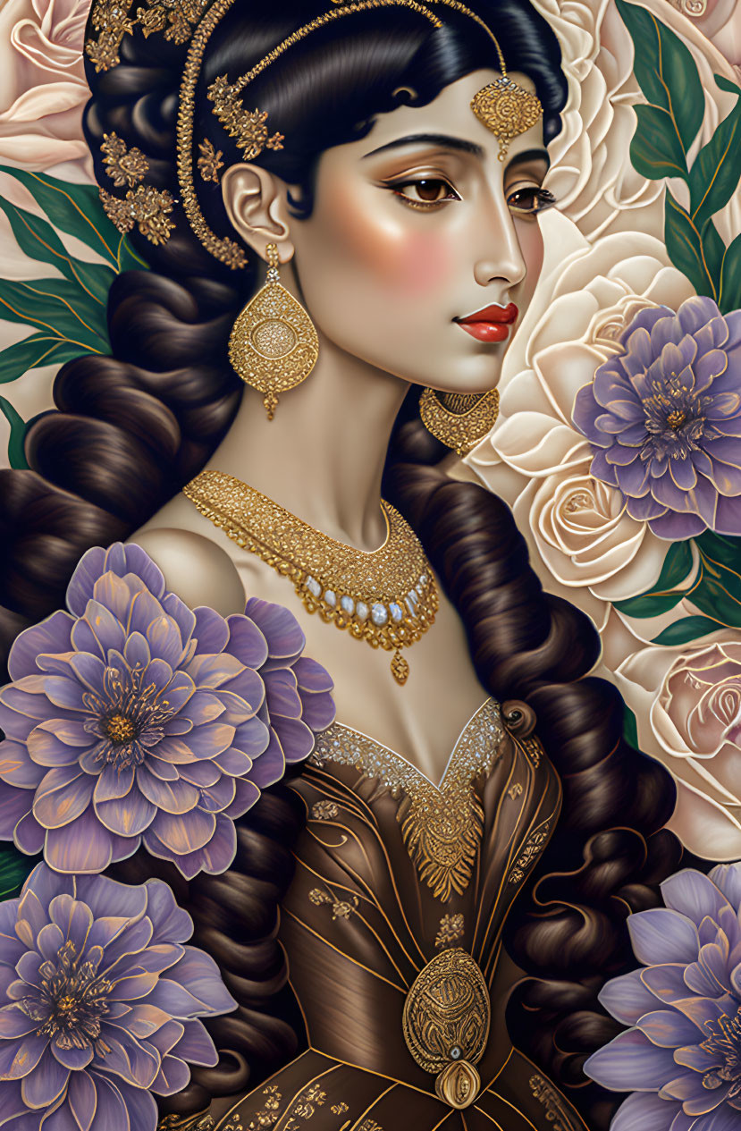 Portrait of Woman with Gold Jewelry, Flowers, and Roses