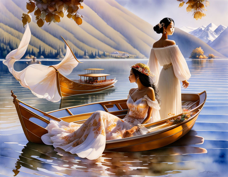 Two Women in Elegant White Dresses on Boat with Serene Lake and Mountain Backdrop