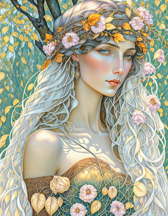 Illustrated female figure with white hair, antlers, and floral headband among golden leaves and flowers