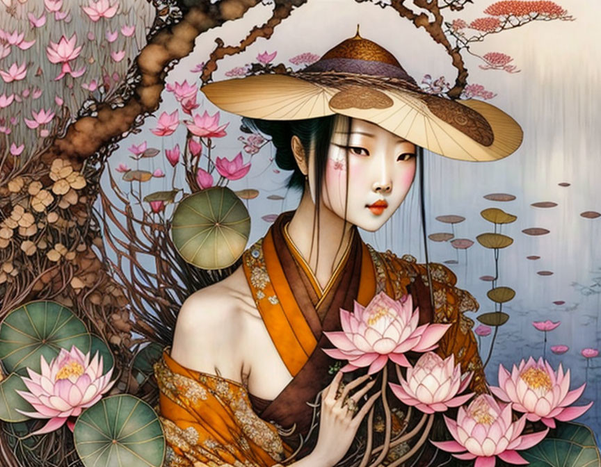 Traditional Asian Attire Woman Surrounded by Lotus Flowers