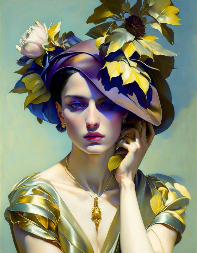 Elegant woman portrait with large floral hat and gold attire