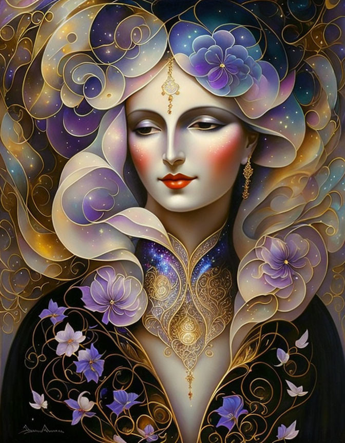 Detailed artistic rendering of a woman with stylized features in harmonious purples, golds,