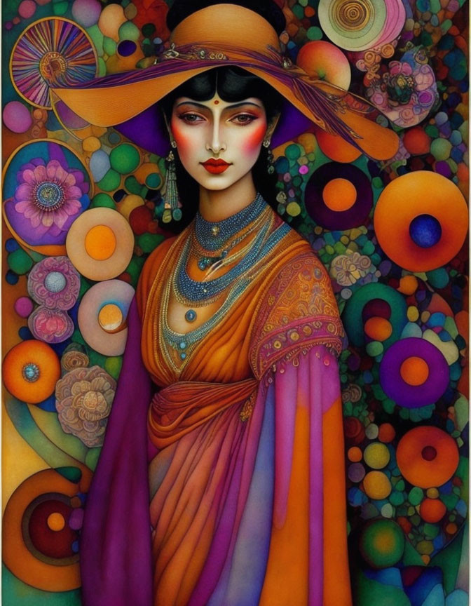 Woman adorned with gold jewelry and wide-brimmed hat in colorful sphere tapestry.