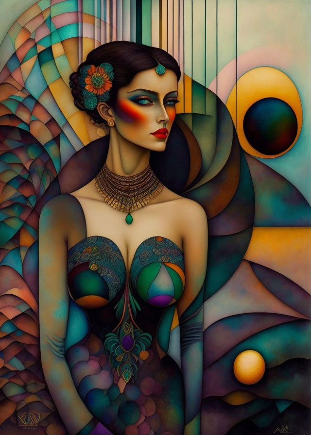 Stylized woman with ornate jewelry and makeup on abstract background