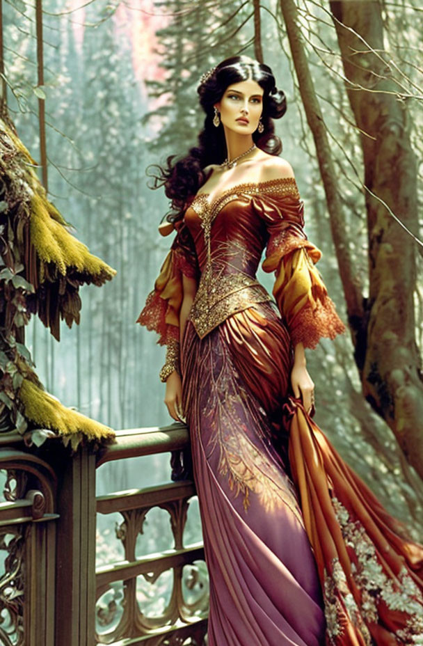 Woman in elegant forest-inspired gown by ethereal woodland backdrop