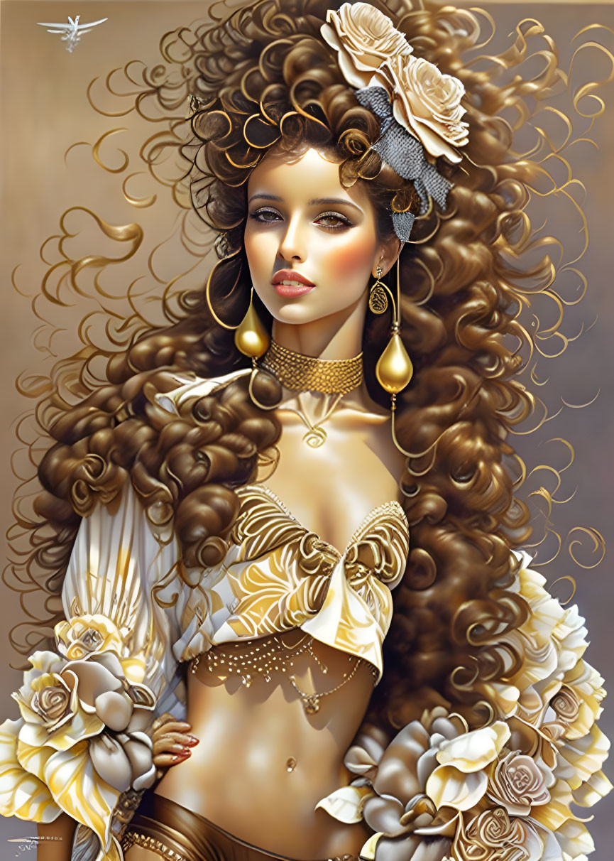 Woman with voluminous curly hair and white flowers in digital art.