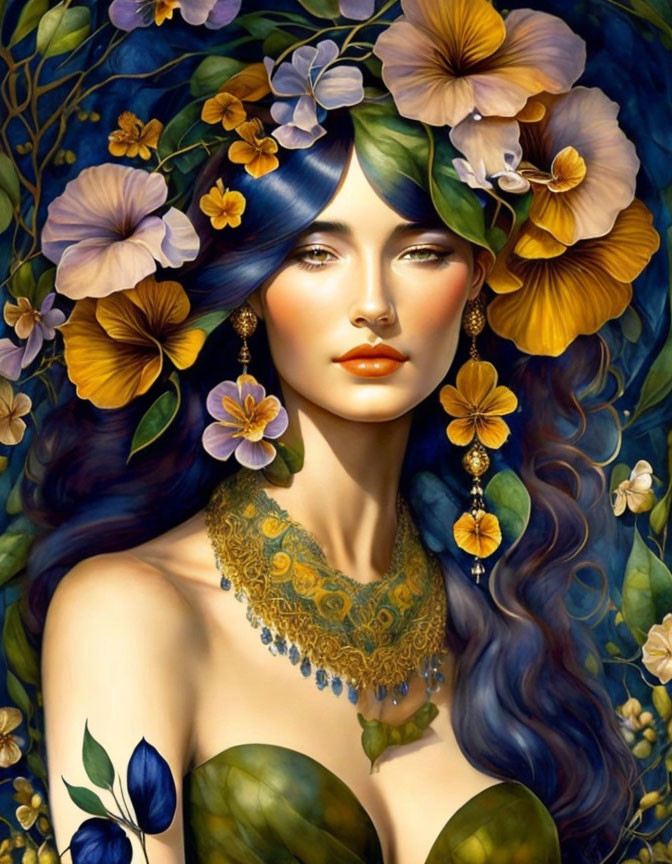 Woman with Blue Hair and Floral Adornments in Lush Greenery