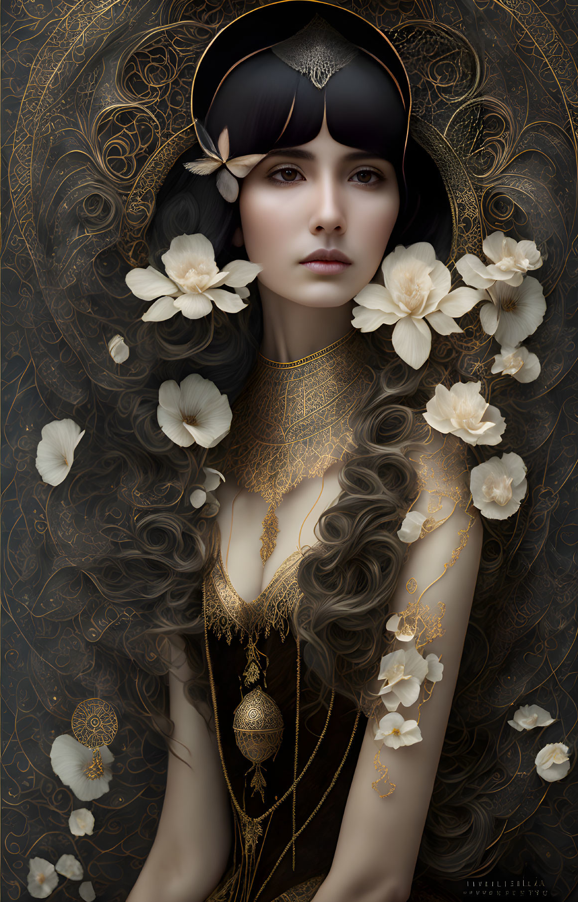 Detailed portrait of woman with dark hair, gold jewelry, headdress, and white flowers in backdrop