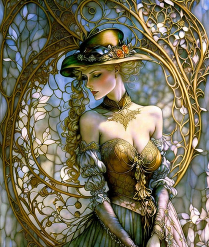 Graceful Woman Artwork with Decorative Hat and Corset, Intricate Golden Patterns, Delicate