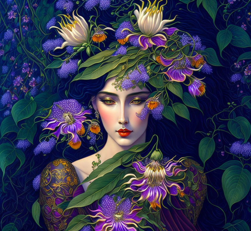 Digital Artwork: Woman's Face Surrounded by Lush Flora