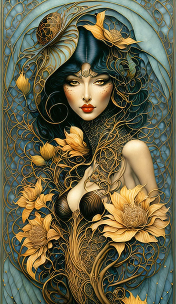 Dark-haired woman portrait with gold accents and floral patterns.