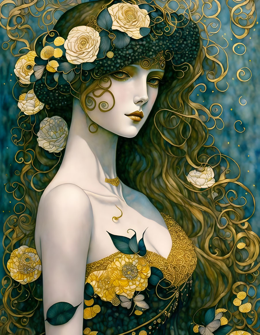 Stylized illustration of a woman with flowing floral hair and gold patterns