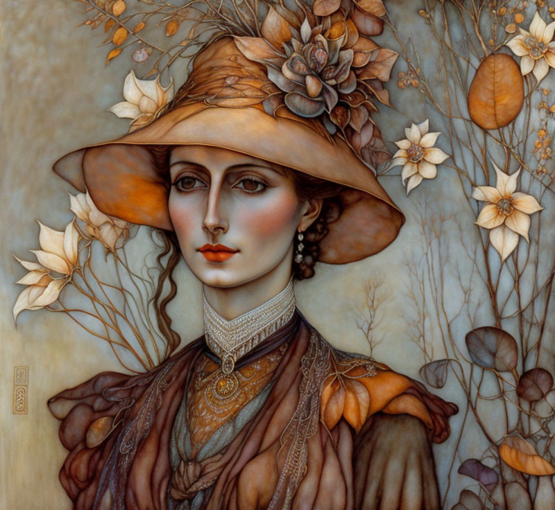 Detailed woman portrait with ornate hat and botanical motifs