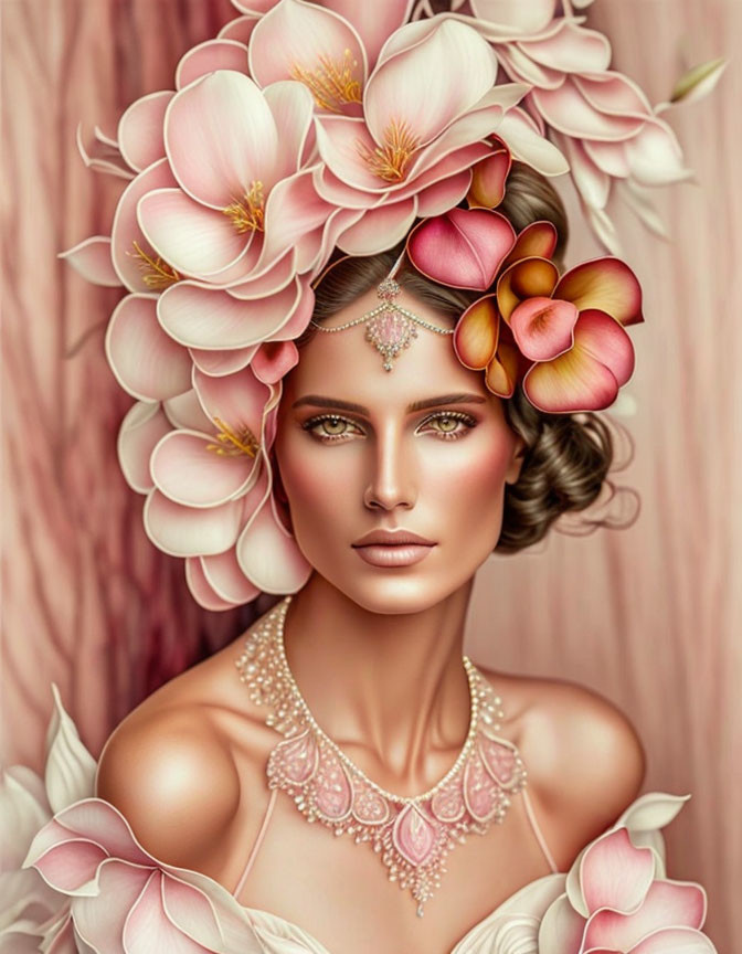 Woman with Floral Headdress and Bejeweled Necklace Illustration