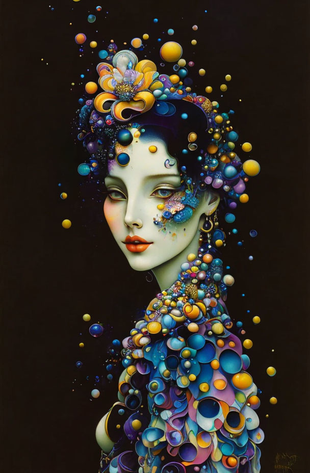 Surreal portrait of a woman with vibrant orbs and floral motifs