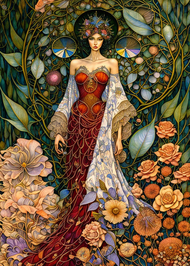 Art Nouveau style woman illustration with floral halo and ornate floral mosaic.