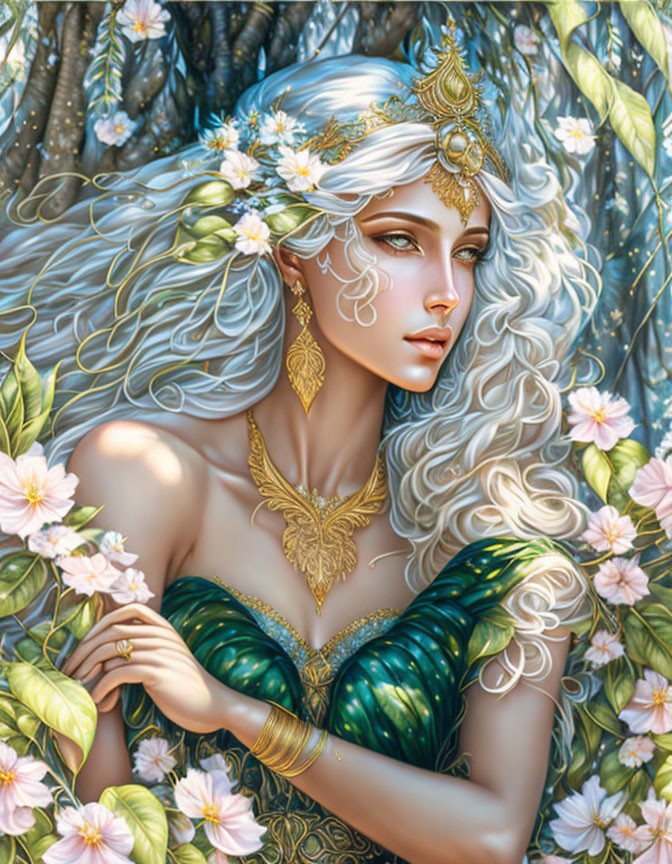 Fantasy female character with silver hair, golden jewelry, green outfit, and blossoming flowers