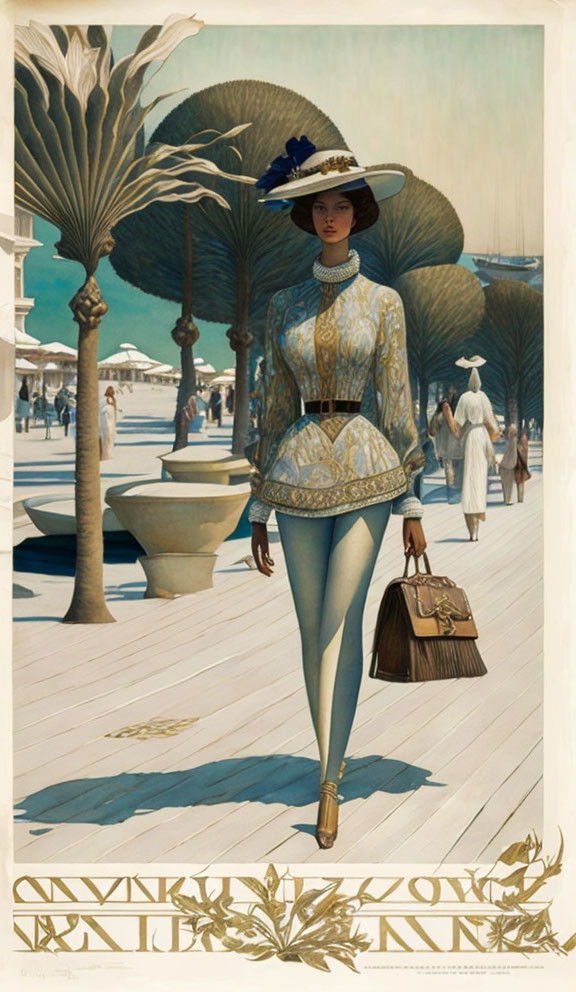 Vintage attire woman with wide-brimmed hat and parasol on palm tree-lined promenade