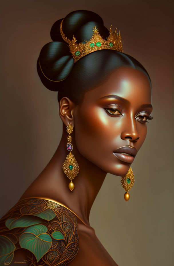 Digital portrait of a woman with glowing skin, golden crown, green details, and ornate shoulder art