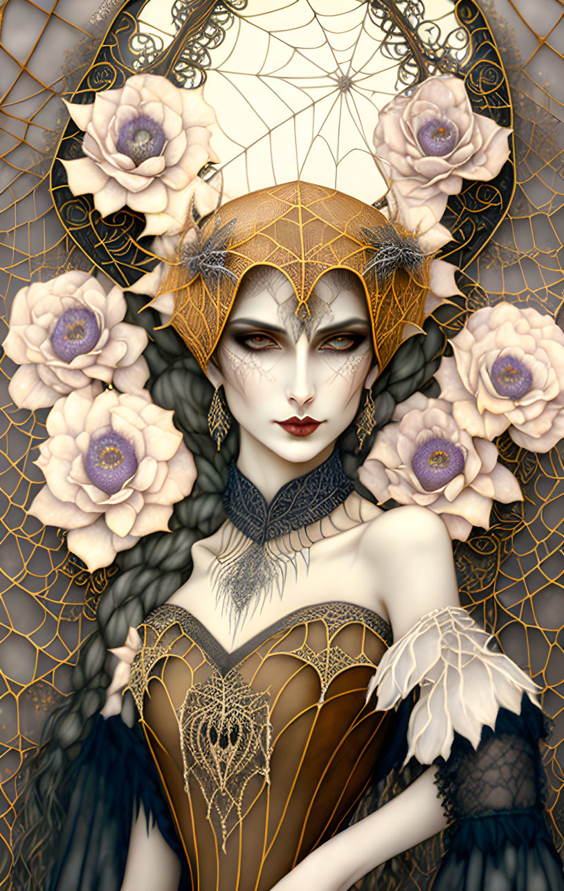 Pale woman with dark lips, golden headdress, roses, brown corset, black feathered sleeves