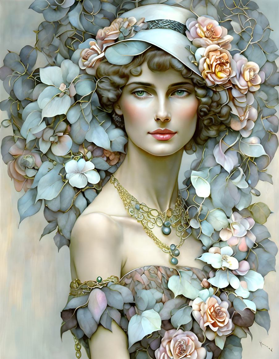 Woman with Blue Hydrangeas and Peach Roses in Hair, Blue Hat, Gold Necklace, Floral